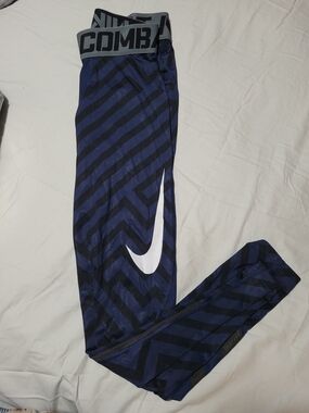 Nike Combat Navy Blue & Black Performance Leggings with White Swoosh